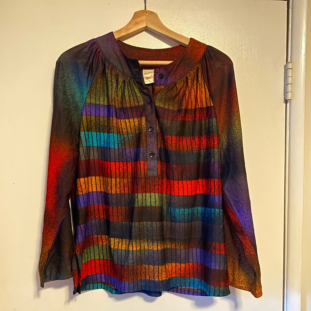 Vintage rainbow bell sleeve polyester hippie blouse
